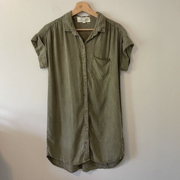Cloth And Stone Anthropologie Tshirt Button Down Dress Olive Green Tencel Sz XS - Picture 2 of 5